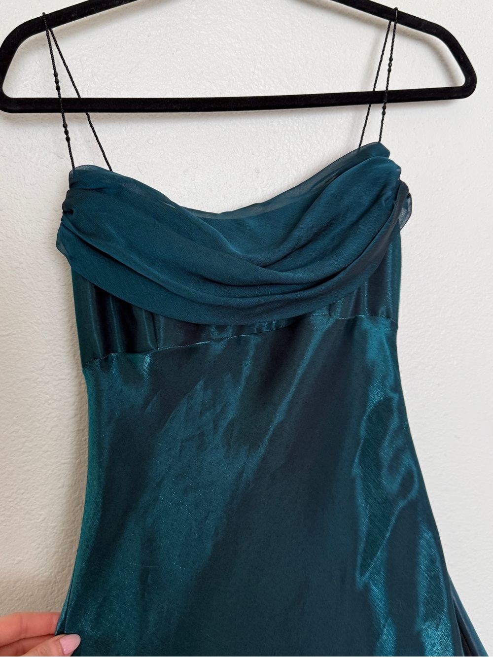 Y2K Dark Teal Satin Cowl Neck Midi Dress Beaded Strap Formal - Picture 6 of 13